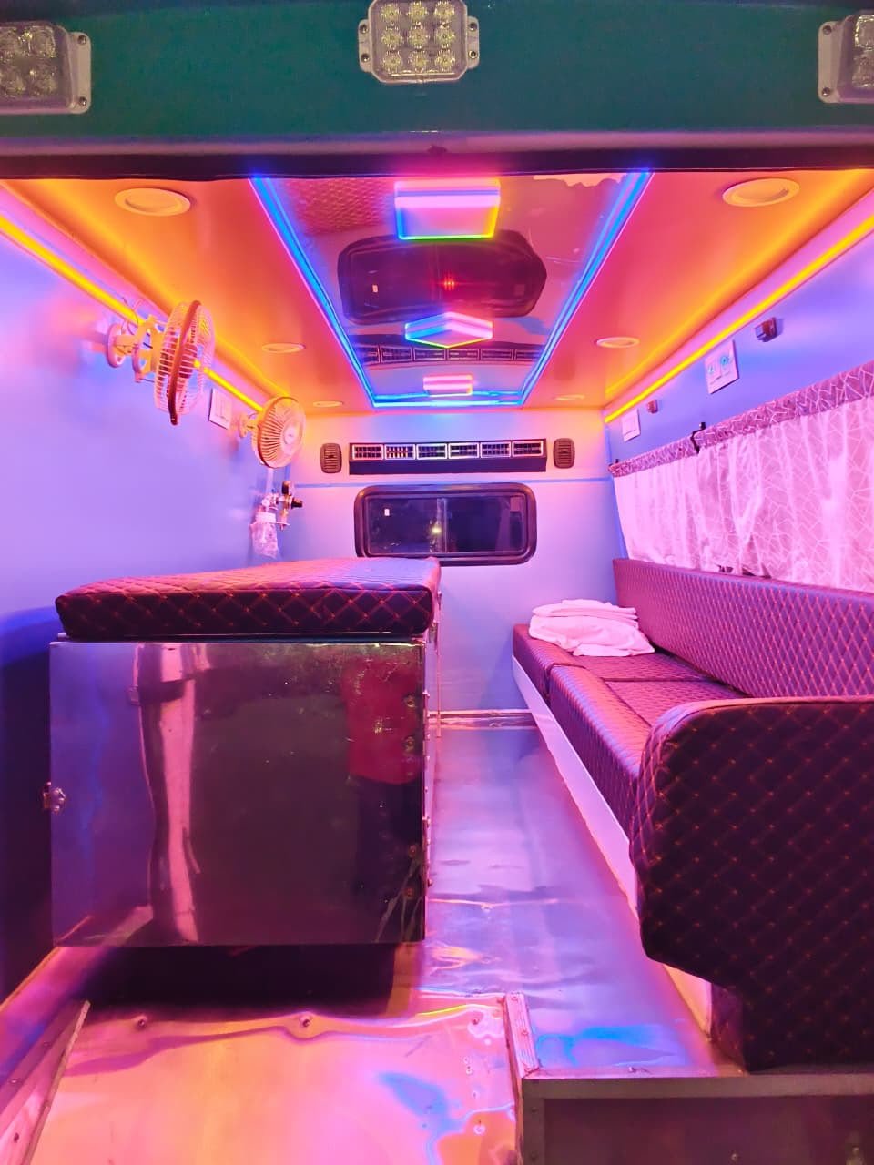Prepared ambulance cabin with stretcher and medical lights